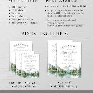 May include: Wedding welcome signs with a watercolor landscape design. The signs feature the text "Welcome to the Wedding of" followed by names and a date. Sizes include 20" x 30", 18" x 24", 24" x 36", and A2 and A1 sizes.