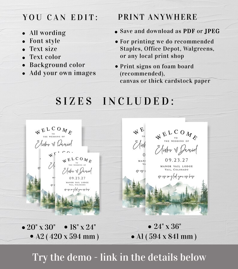 May include: Wedding welcome signs with a watercolor landscape design. The signs feature the text "Welcome to the Wedding of" followed by names and a date. Sizes include 20" x 30", 18" x 24", 24" x 36", and A2 and A1 sizes.
