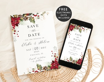 Christmas save the date template Poinsettia wedding announcement Editable download CriThW-S45