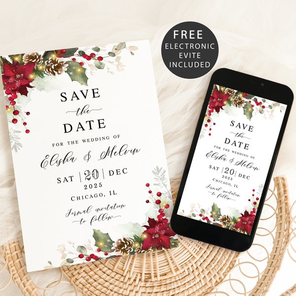 Christmas save the date template Editable wedding announcement Christmas electronic save the date Digital Download Templett CriThW-S45