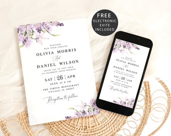 Lavender wedding invitation template printable Editable Electronic floral wedding invite Text message Digital DIY Download Templett LaWed-A