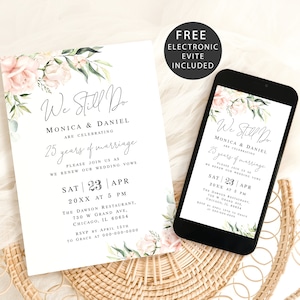 Pink roses wedding vow renewal invitation template Editable floral invite Digital download Templett WSPR-A