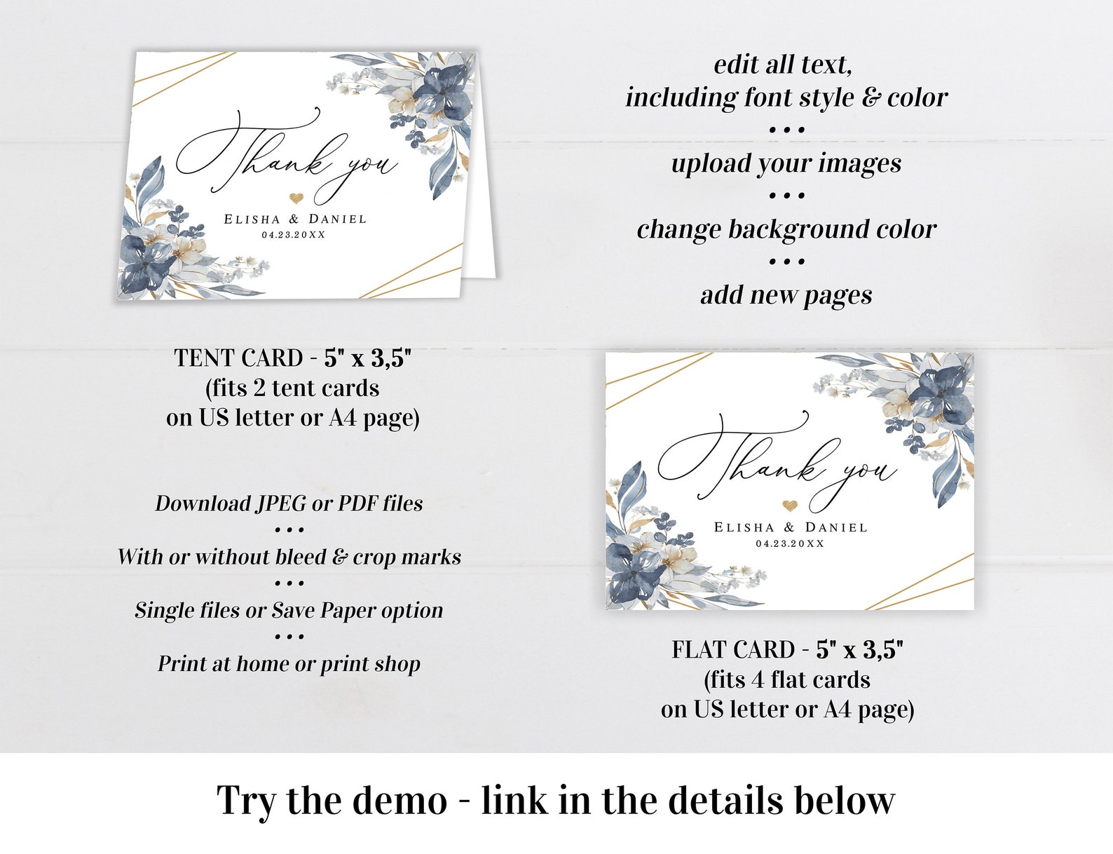 Dusty Blue Thank You Card Template Editable Fold and Flat Thank You ...