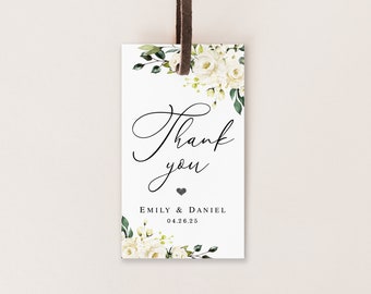 White roses thank you tag template Editable Wedding favor tag printable Floral gift tag for wedding guest Digital Download Templett AWHR-1