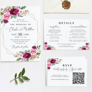 Fuchsia Hochzeitseinladungsreihe Bearbeitbare Einladungsvorlage zum Ausdrucken Blumenhochzeitsset Moderne Hochzeitseinladung DIY Download Templett FTEW-A1