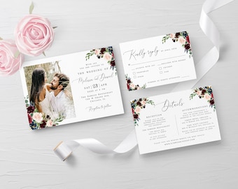 Invitation suite Editable templates Self-editing set with photo RSVP Details Insert Wedding burgundy Printable DIY Download #swc9