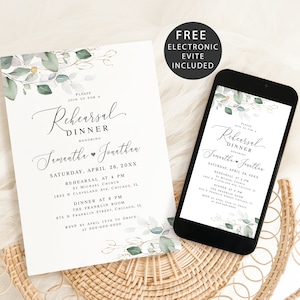 Wedding rehearsal dinner invitation template Greenery wedding invite printable Gold foliage e-invite Download Edit with Templett AGFW-1
