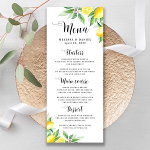 Lemon menu card template Wedding menu card Downloadable menu printable Rehearsal dinner Bridal brunch Download Edit with Templett BrLem-cf5