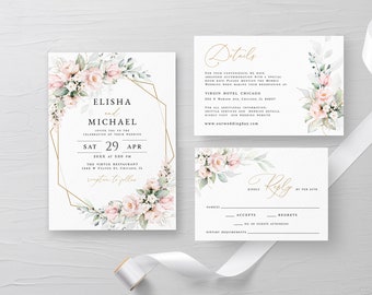 Pink flowers wedding invitation suite Editable wedding invites RSVP Postcard Details template Printable wedding invites Templett PIRGFG18