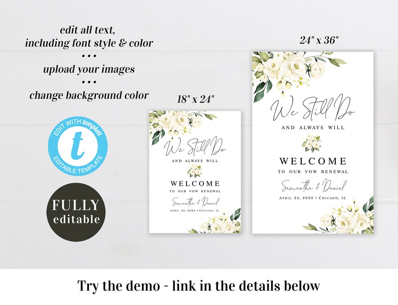 Wedding vow renewal sign template Editable Welcome board We still do Printable White roses Customizable welcome sign Download AWHR-1 image 2