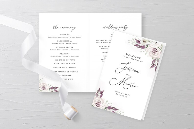 Purple wedding folded program template Editable wedding program Printable Folded booklet Digital DIY calligraphy Download Templett PURFSW27 image 7