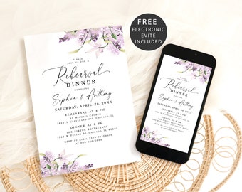 Lavender electronic rehearsal invitation Editable wedding rehearsal invite template Floral rehearsal invite printable Templett LaWed-A