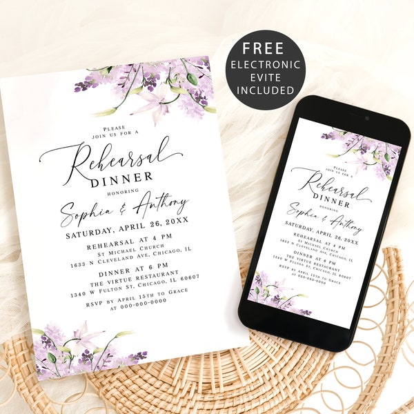 Lavender electronic rehearsal invitation Editable wedding rehearsal invite template Floral rehearsal invite printable Templett LaWed-A