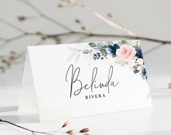 Floral wedding place card template Editable name cards Flat and Folded Escort cards Blue blush place card DIY Download Templett Webl-40