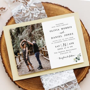 Photo wedding invitation template Editable invite with picture Modern wedding invite printable Leaf Calligraphy Digital Download Templett