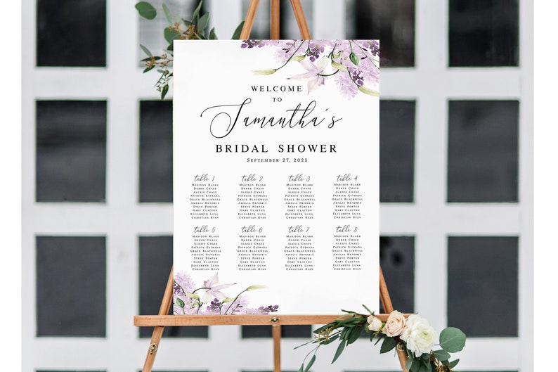 Small seating chart Welcome bridal shower Hens party poster Editable template Lavender wedding seating Printable Download Templett LaWed-A image 1