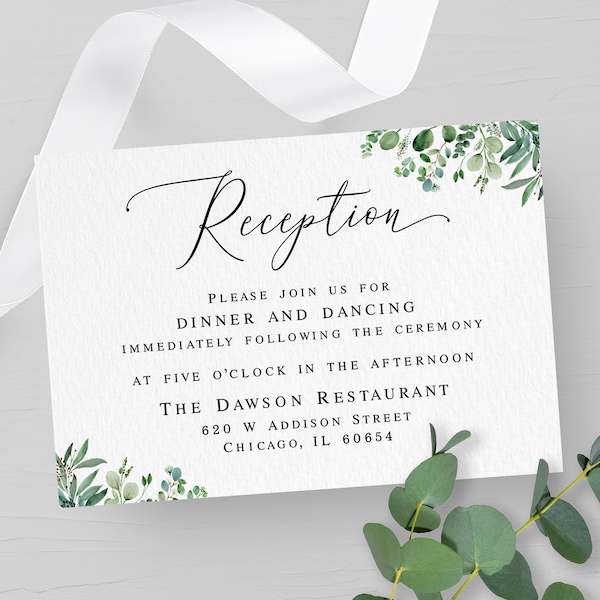 Eucalyptus reception card template Editable greenery insert card wedding Invitation enclosure cards printable Download Templett WEUF-3