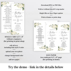 Floral wedding program template printable Wedding ceremony Editable wedding program White roses DIY calligraphy Download Templett AWHR-1 image 2