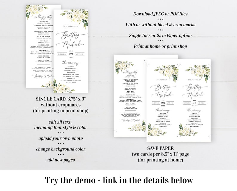 Floral wedding program template printable Wedding ceremony Editable wedding program White roses DIY calligraphy Download Templett AWHR-1 image 2