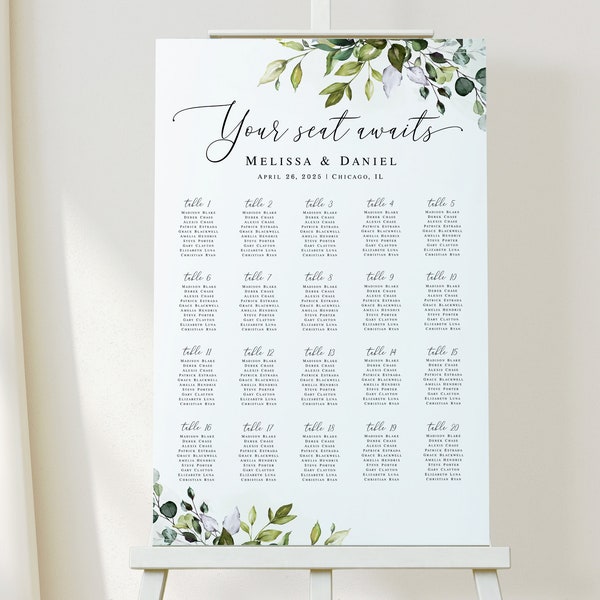 Eucalyptus seating chart template printable Editable seating chart Guest list Foliage Poster Digital DIY Download Templett GRWE-E