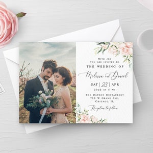 Wedding invitation template Self-editable photo invite Picture Pink roses Printable Calligraphy Digital DIY Download WSPR-A image 5