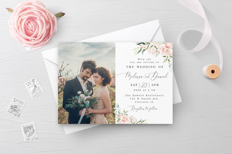 Wedding invitation template Self-editable photo invite Picture Pink roses Printable Calligraphy Digital DIY Download WSPR-A image 5