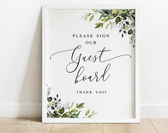Eucalyptus guest board sign template Editable sign Greenery guest book sign Wedding table decor Printable Download Templett GRWE-E