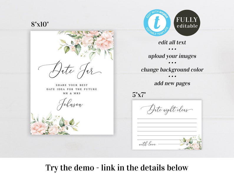 Date jar sign and cards Self-editing template Bridal shower game Couples night ideas Wedding pink roses Digital Download #swc11