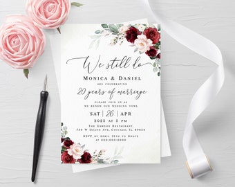 Floral vow renewal invitation template Burgundy wedding invite Editable download Templett BSA-35