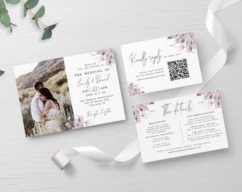 Floral invitation suite Lavender wedding set Editable invite with photo Digital download Templett LaWed-A
