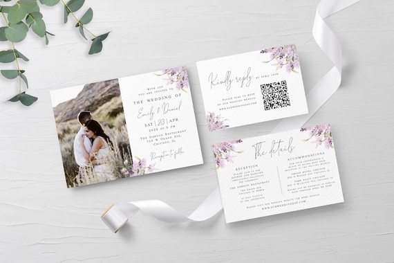 Floral invitation suite Lavender wedding set Editable invite with photo Digital download Templett LaWed-A