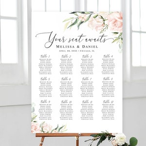 Plantilla de plano de asientos con rosas rosas Plano de asientos editable para imprimir Lista de invitados a la boda Póster de asientos florales Descarga digital Templett WSPR-A