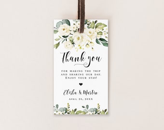 Thank you tag for wedding guests Editable floral tag template Favor tag printable White roses tag DIY calligraphy Download Templett AWHR-1