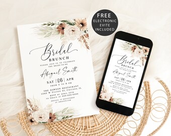May include: A printable bridal brunch invitation with a floral design in shades of brown, white, and green. The invitation includes the text "Bridal Brunch", "Abigail Smith", "Sat 26 | Apr", "From 5 to 8 PM", "The Dawson Restaurant", "1340 W Fulton St. Chicago, IL", "RSVP by April 15th", "To Grace at 000-000-0000", "Abigail is registered at Amazon.com".