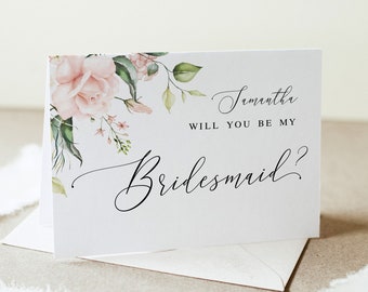 Will you be my bridesmaid card template Folded Self-editing template Pink roses proposal card printable Digital Download WSPR-A