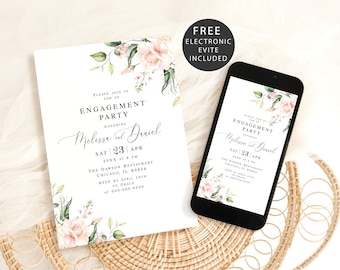 May include: A printable engagement party invitation with a floral design featuring pink roses and green leaves. The invitation includes the text "Please join us for an engagement party honouring Melissa and Daniel, Sat | 23 | Apr 20xx at 4 pm, The Dawson Restaurant, Chicago, IL 60654, RSVP by 10th April to Grace at 000-000-0000".