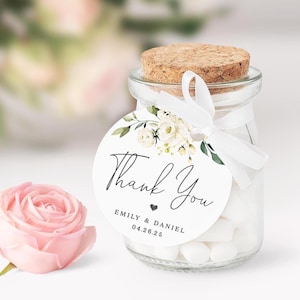 Round gift tag template Floral gift tag printable Circle thank you stickers White roses wedding favor tag Editable Download Templett AWHR-1