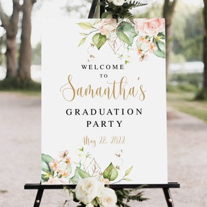 Pink roses graduation welcome sign Editable welcome sign template Floral graduation poster Grad party 2025 Class of 2025 Download Templett
