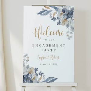 Engagement party welcome sign Floral welcome sign template Dusty blue engagement poster Customizable welcome sign Download Templett wfdb-f3
