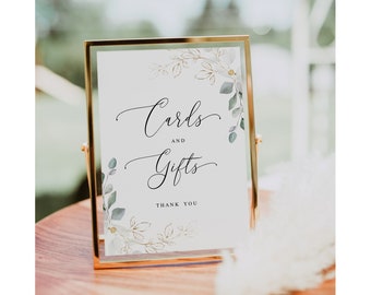 Cards and Gifts sign Editable template Wedding table decor Printable Greenery Wedding gold foliage Download Templett #swc10