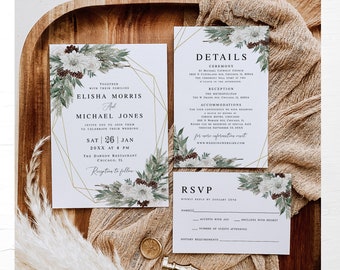 Winter wedding invitation suite template Editable wedding set RSVP card Details insert card Printable Digital DIY Download Templett SWC-BW11