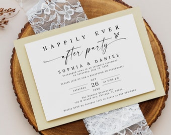 May include: A white wedding after party invitation with black text. The invitation reads "Happily Ever After Party" with the names "Sophia & Daniel". The date and time of the event are listed as "Saturday, October 26, 20XX at 5:00 pm". The location is listed as "The Dawson Restaurant, 730 W Grand Ave, Chicago, IL 60654". The RSVP information is "Kindly RSVP by October 15th to Grace at 000-000-0000".