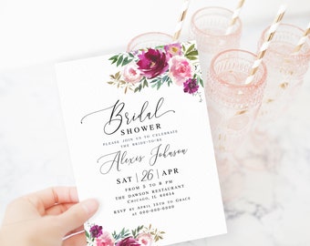 Fuchsia bridal shower invitation template Editable invite printable Electronic floral bridal brunch invite Digital Download Templett FTeW-A1