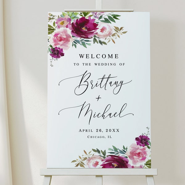 Fuchsia wedding welcome sign template Editable welcome sign Welcome board printable Floral Reception poster Download Templett FTeW-A1