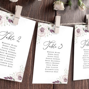 Purple wedding seating cards template printable Floral seating cards Hanging seating cards Arrangement cards Download Templett PASPURW
