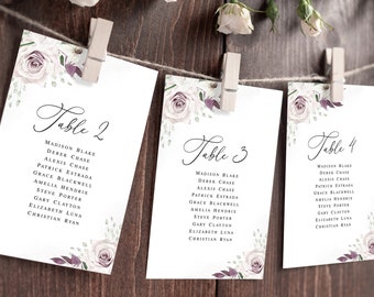 Purple wedding seating plan printable Floral seating chart cards Self-editing template Arrangement cards Digital Download Templett PASPURW