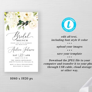 Pode incluir: Um design floral branco e verde com rosas brancas e hort&ecirc;nsias. O texto diz "Bridal Brunch" e inclui o nome da noiva, a data, a hora e o local. O texto tamb&eacute;m inclui informa&ccedil;&otilde;es de RSVP e um site para o registro. A imagem &eacute; um modelo digital que pode ser editado com texto, estilo de fonte, cor e imagens.