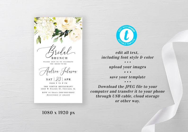 Pode incluir: Um design floral branco e verde com rosas brancas e hort&ecirc;nsias. O texto diz "Bridal Brunch" e inclui o nome da noiva, a data, a hora e o local. O texto tamb&eacute;m inclui informa&ccedil;&otilde;es de RSVP e um site para o registro. A imagem &eacute; um modelo digital que pode ser editado com texto, estilo de fonte, cor e imagens.