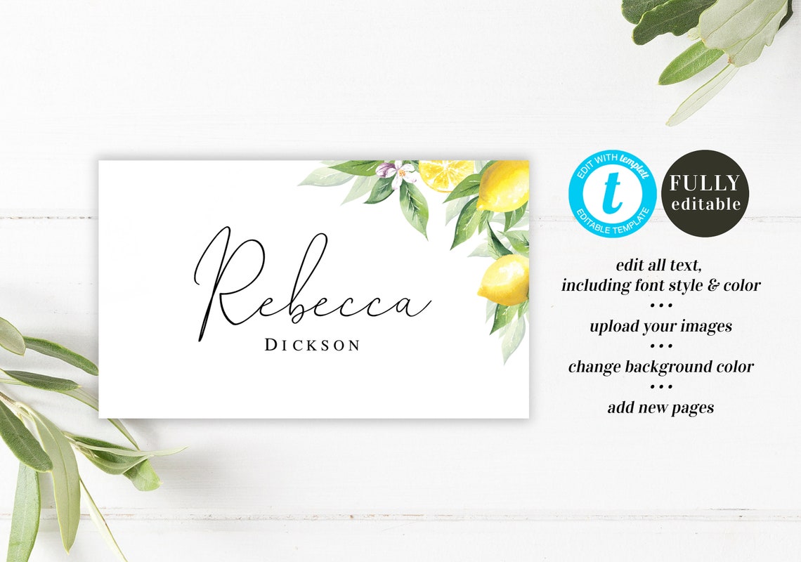 Lemon place cards Fully editable template Wedding name cards | Etsy