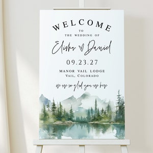 Modello di cartello di benvenuto per matrimonio sulle montagne Cartello di benvenuto per matrimonio nella foresta sul lago Manifesto moderno per ricevimento di matrimonio Download digitale Templett MOLAFF7